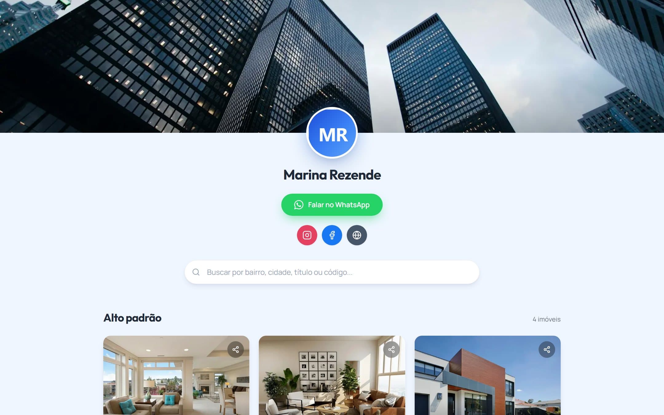 Página pública de uma corretora no Site de Bolso: capa, foto, nome, botão de WhatsApp, redes sociais, busca por bairro e os primeiros imóveis da carteira.